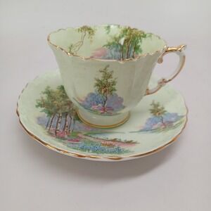 Aynsley Bone China Teacup and Saucer Set Woodland Landscape Green Gold C493/2